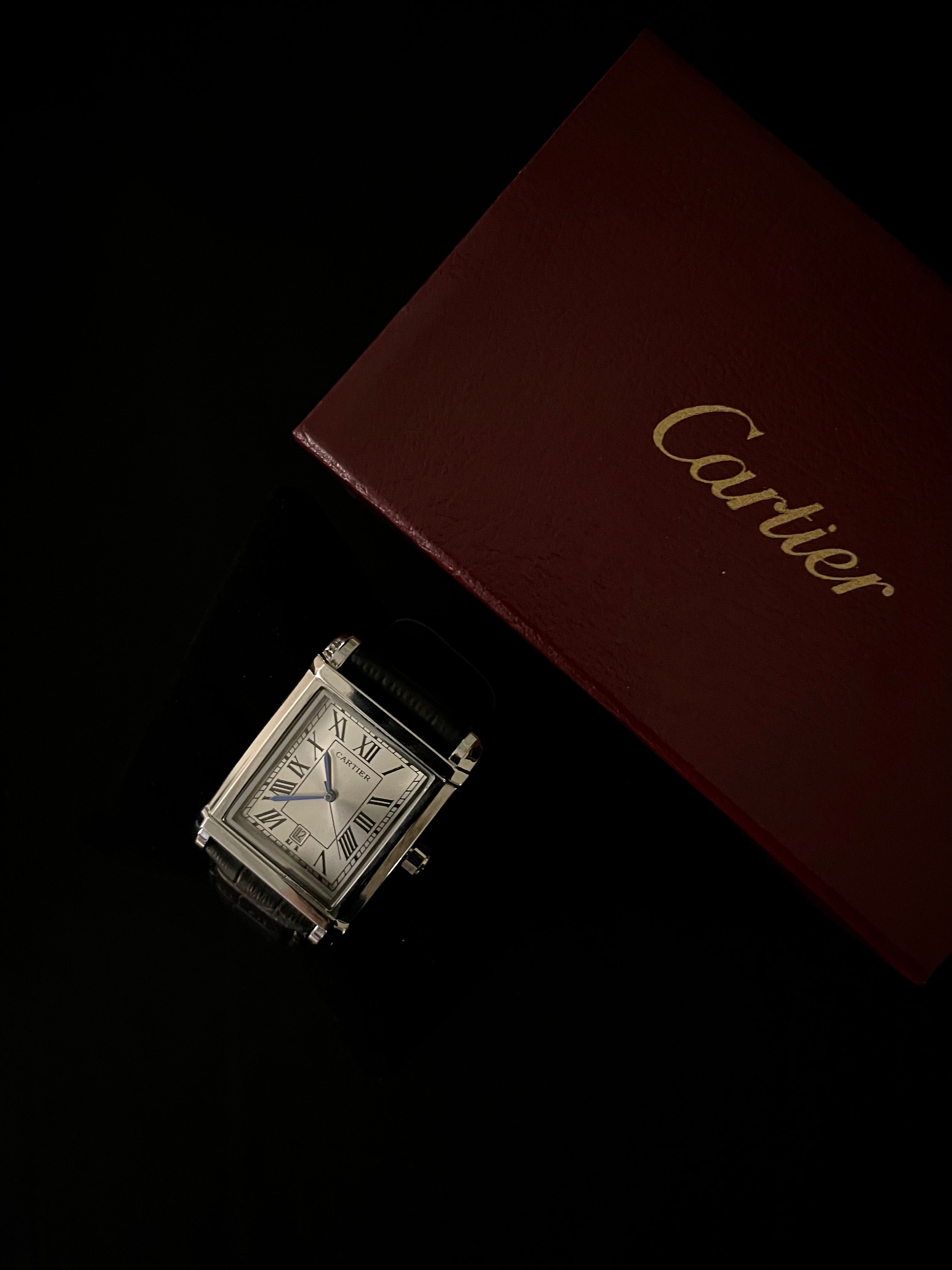 Cartier Tank Silver Dial Watch – Black Leather Strap Edition