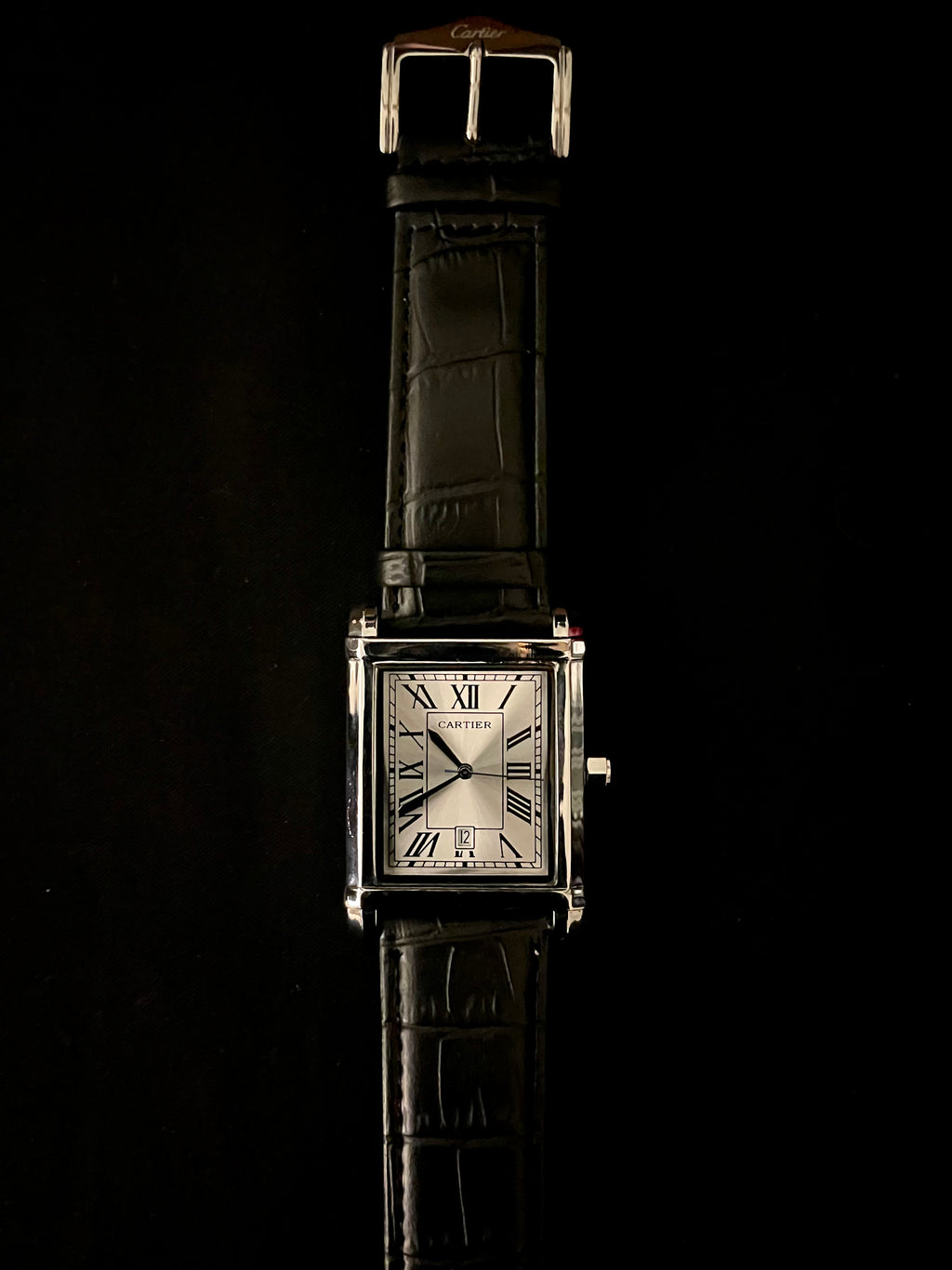Cartier Tank Silver Dial Watch – Black Leather Strap Edition