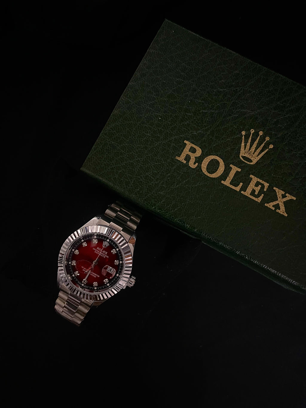 Rolex Red Dial Stainless Steel Watch