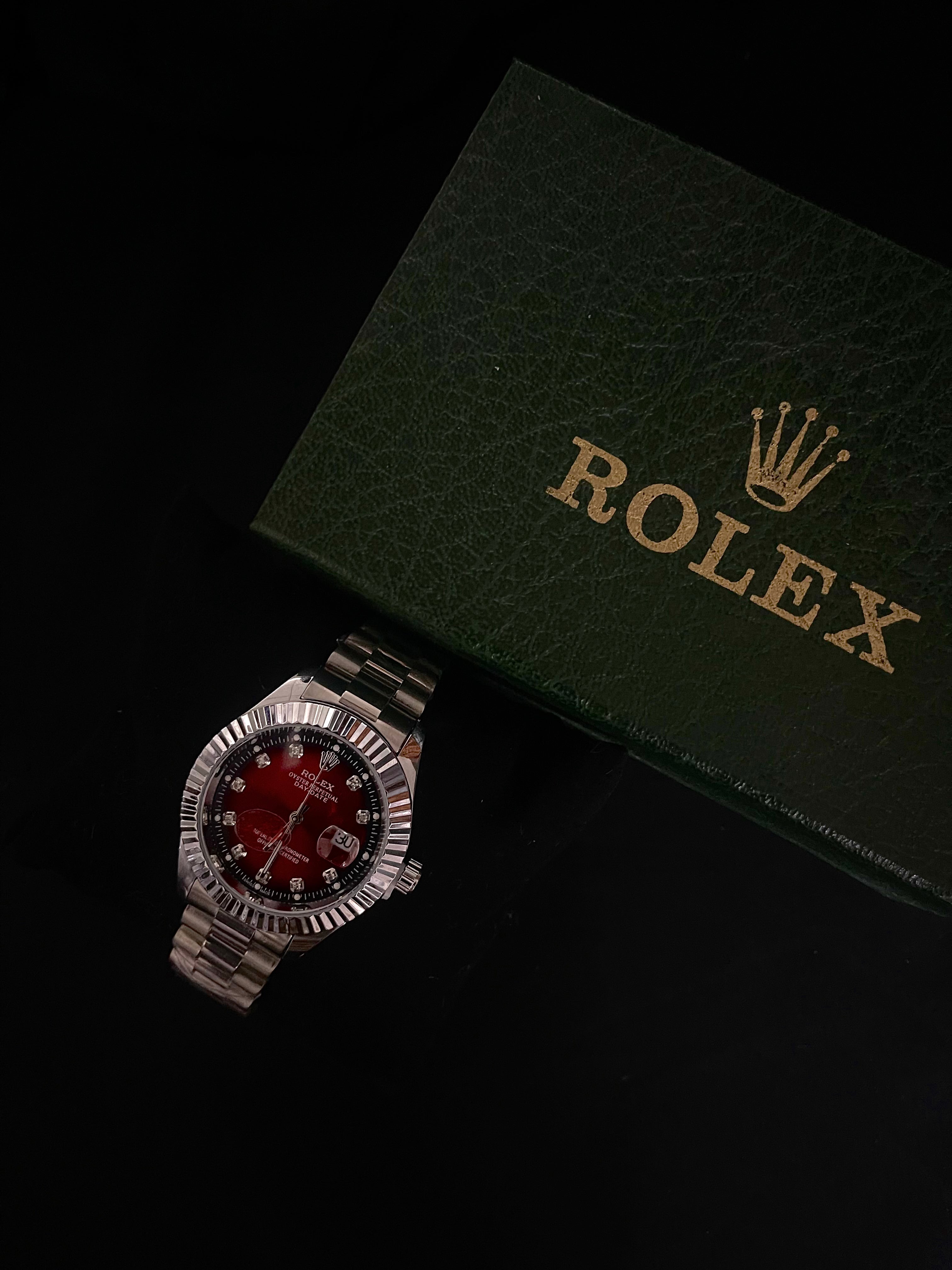 Rolex Red Dial Stainless Steel Watch