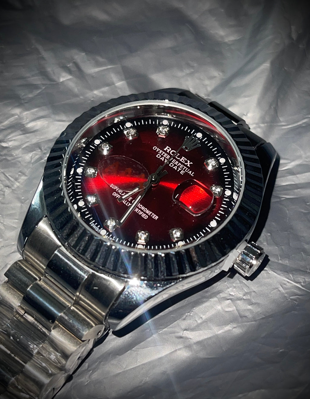 Rolex Red Dial Stainless Steel Watch